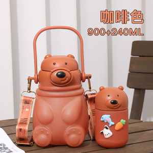 Juego de Botellas de <span class=keywords><strong>Agua</strong></span> de Plástico de Gran Capacidad de 2 Piezas con Diseño de Oso de Dibujos Animados en Color Degradado y Pegatinas 3D para Niños - Product Image 6