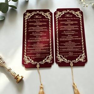 Cartes de menu élégantes en papier spécial velours rouge, imprimées offset, avec estampage à chaud doré, gaufrage, rectangulaires, cartes de vœux de mariage - Product Image 1