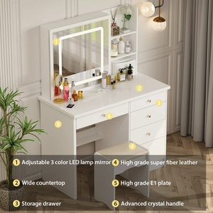 Coiffeuse en bois blanc brillant, Design élégant, coiffeuse, <span class=keywords><strong>Table</strong></span> de maquillage avec écran tactile, miroir LED pour chambre de fille - Product Image 5