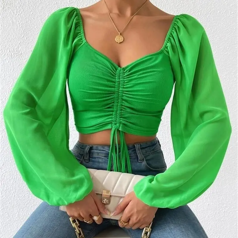 Women Fashion Blouse 2023 Elegant Ruched Ribbed Crop Top Ruffle Lantern Puff Long Sleeve Chiffon Blouse Women 2023