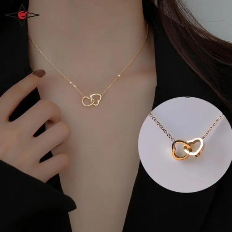 2024 bijoux de mode femmes argent délicat acier inoxydable 18k plaqué or Double coeur colliers pendentif