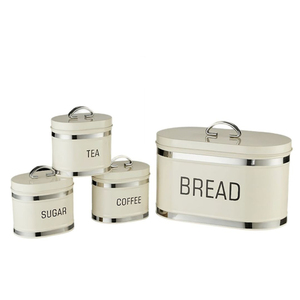 Set di Contenitori per Pane e Barattoli per Caffè, Zucchero e Tè in Ferro con Rivestimento in Polvere Lucida e Strisce in Acciaio <span class=keywords><strong>Inox</strong></span> - Product Image 1
