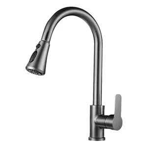 Factory Wholesale Stainless Steel Gun Gray Kitchen Faucet Pull-Down Three-Function Sprayer Sink Mixer Hot And Cold Mixing Tap
