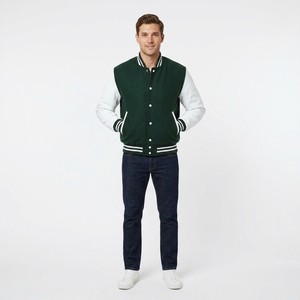 <b>Men's</b> Green Varsity <b>Jacket</b> <b>White</b> Sleeve Regular Fit Button Closure Casual Style Winter High Street Woolen OEM Service - Product Image 1