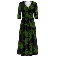 Robe longue grande taille noire à motif feuilles vertes, col en V, manches 3/4, pour femme, décontractée, été, idéale pour les fêtes - Nouvelle collection, best-seller
