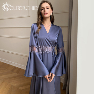Batas de encaje para <span class=keywords><strong>mujer</strong></span>, ropa de dormir de lujo para <span class=keywords><strong>mujer</strong></span>, decoración de flores en la espalda de boda, vestido de Bata, Pijama largo y elegante de punto aceptado - Product Image 4