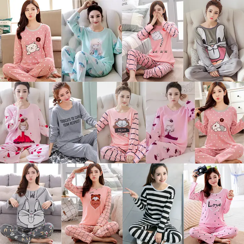 Ladymate ODM/OEM Pijama de manga larga de algodon con estampado de dibujos animados para Mujer ropa de dormir women homewear set