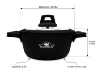 Casserole FourM 20CM en aluminium moulé antiadhésive effet granit avec couvercle en verre trempé et fond à induction – Ustensile de cuisine pour la vente en gros et OEM/ODM