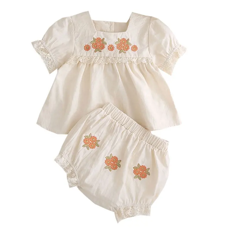 2024 Girls summer short sleeve new embroidered set Embroidered short sleeve top and bloomers summer newborn baby