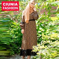 6129 # Bescheidenes Hijab-Kleid Muslim Abaya Leoparden muster Lange Kleider Islamische Kleidung Türkisch Close Abayas