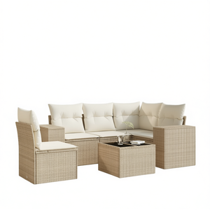Conjunto de Sofá de Jardín de Ratán Beige con Cojines, Muebles de Exterior de Diseño Contemporáneo, Mimbre de PE Resistente al Agua y a los Rayos UV - Product Image 1