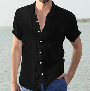 Chemises décontractées grandes tailles en coton et chanvre pour hommes européens et américains DFU0179 en stock - Chemises en lin pour hommes à manches courtes - Product Image 3