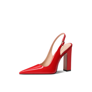 Sandales à talons hauts en cuir verni <span class=keywords><strong>rouge</strong></span> à bout pointu, ornées de strass, sans dos, à enfiler, à talon épais, pour soirée et mariage, fabriquées sur mesure - Product Image 1
