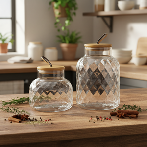 Recipiente <span class=keywords><strong>de</strong></span> Vidrio Decorativo con Patrón <span class=keywords><strong>de</strong></span> Diamantes, Tapa <span class=keywords><strong>de</strong></span> Madera, Hermético, Apto <span class=keywords><strong>para</strong></span> Alimentos, Frasco <span class=keywords><strong>de</strong></span> Almacenamiento <span class=keywords><strong>para</strong></span> Cocina, <span class=keywords><strong>para</strong></span> Cereales, Arroz, Harina, Pasta, Azúcar - Product Image 1