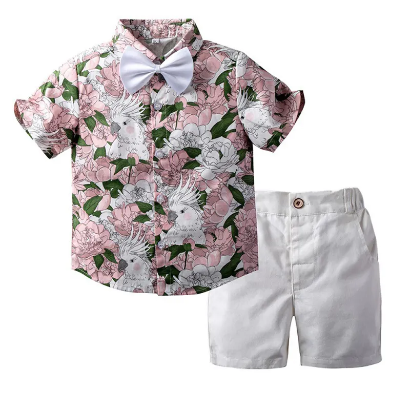 Baby Boys Clothes Set Gentleman Bowtie Floral Print Shirt + Short Pants Suits Toddler Kids Holiday Beach Hawaiian Casual Clothes