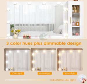 Table de toilette de 49,2 pouces avec miroir et éclairage LED, bureau de maquillage blanc avec plateau en verre, tabouret, prise de courant et <span class=keywords><strong>5</strong></span> <span class=keywords><strong>tiroirs</strong></span> pour chambre à coucher - Product Image 4