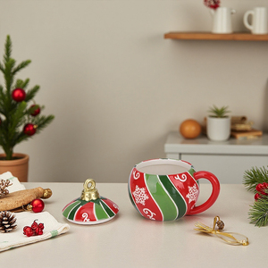 Redeco Vente flash Tasse à café en céramique avec couvercle Motif rayé Noeud <span class=keywords><strong>Flocon</strong></span> <span class=keywords><strong>de</strong></span> <span class=keywords><strong>neige</strong></span> pour la période des fêtes Décoration <span class=keywords><strong>de</strong></span> cuisine Cadeau - Product Image 3