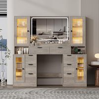 Coiffeuse avec miroir et éclairage, plateau en verre de 55 pouces, 8 tiroirs et armoires en verre RGB, étagères réglables