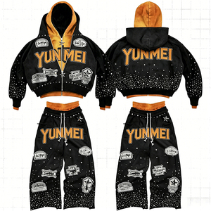Conjunto de Sudadera con Capucha y Pantalones Deportivos para Hombre, Estilo Streetwear, Personalizado, con Bordado Desgastado, Cierre de Cremallera, Gráficos con Pedrería, Lavado Ácido - Product Image 1