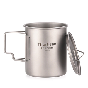 Tazas de Camping, Taza de Agua, Taza de Café de Titanio de 450 ml, Olla de Titanio con Asa Plegable y Tapa, Accesorios de Camping - Product Image 1