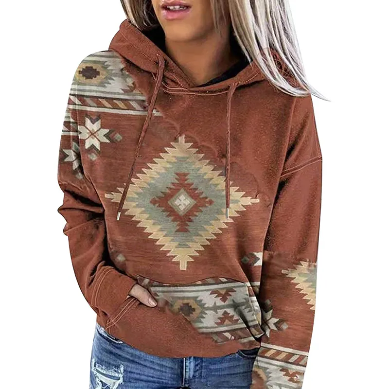 Women's Western Aztec Geometric Hoodie Ethnic Graphic Pullover Sweater Long Sleeve Sweatshirt Shirts Vintage Casual 2022 Tops