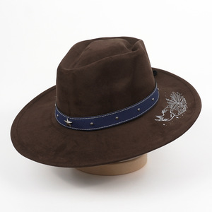 Topi Koboi Suede Bertepi Lebar Bordir 3D Motif Gagak Topi Fedora Barat Dengan Tali Pengikat Dapat Disesuaikan Topi Vintage Untuk Perjalanan Luar Ruangan dan Peternakan - Product Image 3