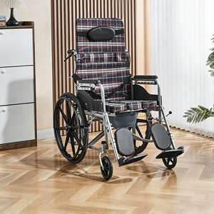 Silla de Ruedas Manual Reclinable, Plegable, Portátil, para Personas Mayores, Material de Acero al Carbono, Tela Negra con Cuadros Rojos Grandes - Product Image 1