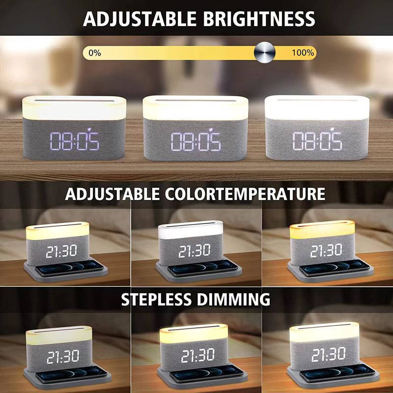 2023 New Tech Desk Bedside 15w Qi Fast Charging 3 in One Digital Alarm Clock Wireless Charger Lamp