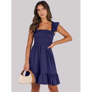 FOXA Women's Summer Casual Sleeveless Square Neck <b>Dress</b> Smocked Ruffle Backless Boho Beach Short Sundress - Product Image 2