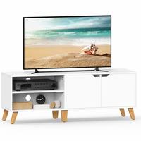 Mueble de TV Blanco Artesanal a Medida, Consola Multimedia Moderna con Almacenamiento, Estantes Abiertos, Patas de Madera, Centro de Entretenimiento Estilo Antiguo