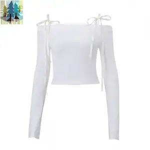 2024fall winter 2024 new tether off shoulder long sleeve crop top solid bodycon casual outfit clothes for women lady
