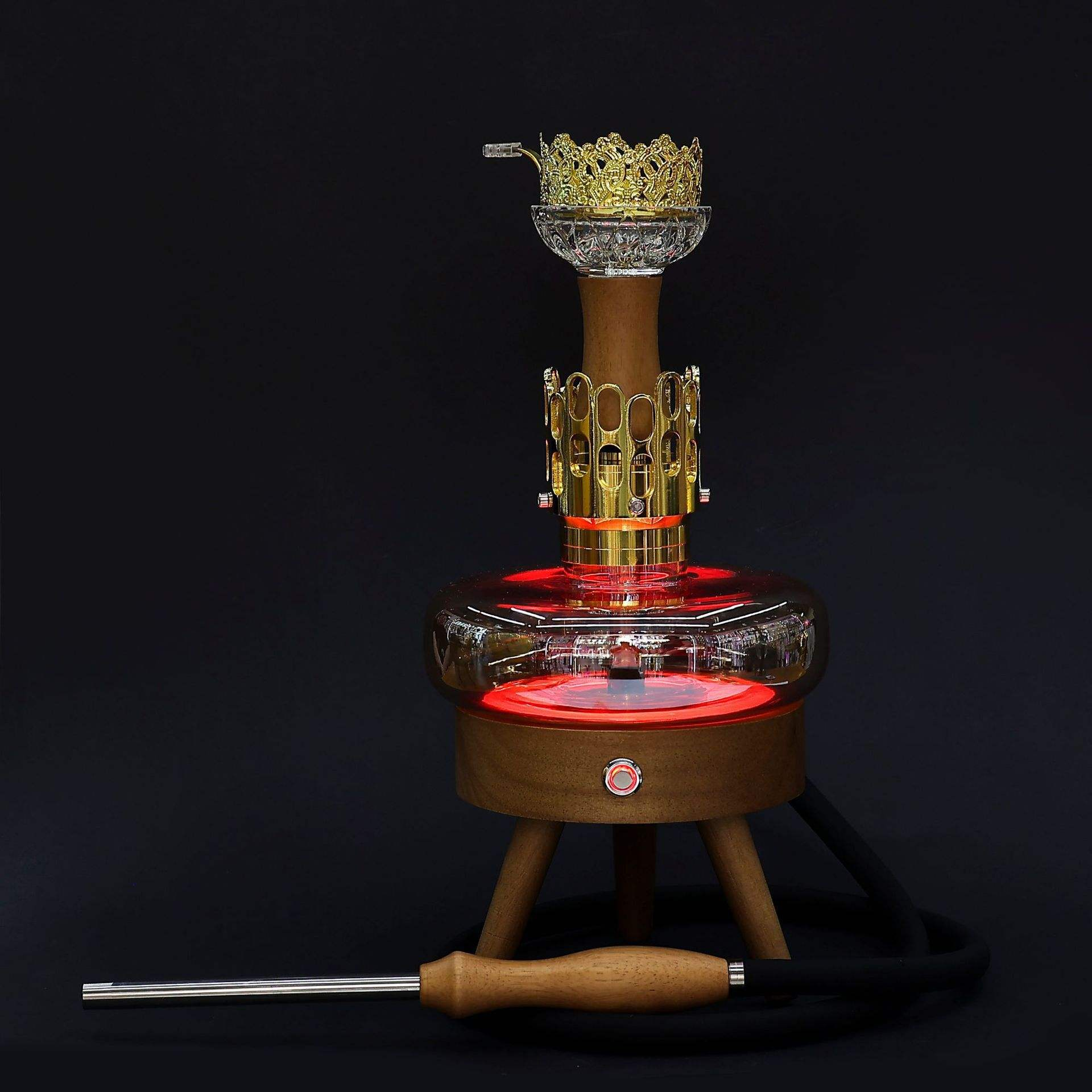 flat round glass + Wood and Gold with Red LED