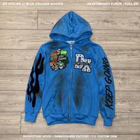 Sweat à capuche zippé intégral Custom Atelier Bleu 360 g/m² avec strass, patchs brodés et patch flamme, style streetwear, OEM ODM