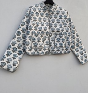 Handmade Quilted <b>Kantha</b> Cotton <b>Jacket</b> Floral Print Embroidery Knitted Technique Stand Button Reversible Short Trendy Winter Coat - Product Image 4