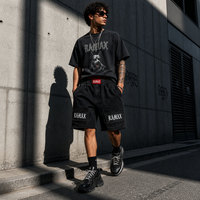 RAMAX Short cargo homme 400GSM noir délavé, double ceinture, style vintage grunge Y2K streetwear gothique croix, en gros