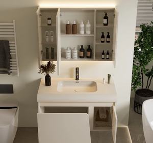 Mueble de baño independiente color crema, impermeable y a prueba de humedad, con lavabo integrado de cerámica. - Product Image 3