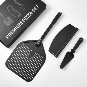 Manjia OEM ODM Ensemble de pelle à <span class=keywords><strong>pizza</strong></span> en aluminium noir avec coupe-<span class=keywords><strong>pizza</strong></span>, pelle à bascule, pelle de retournement rigide et spatule à <span class=keywords><strong>pizza</strong></span> perforée - Product Image 1