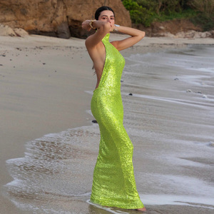 Vestido Halter Bodycon con Lentejuelas, Falda Larga, Sin Espalda, Sin Mangas, Elegante Vestido de Noche - Product Image 2