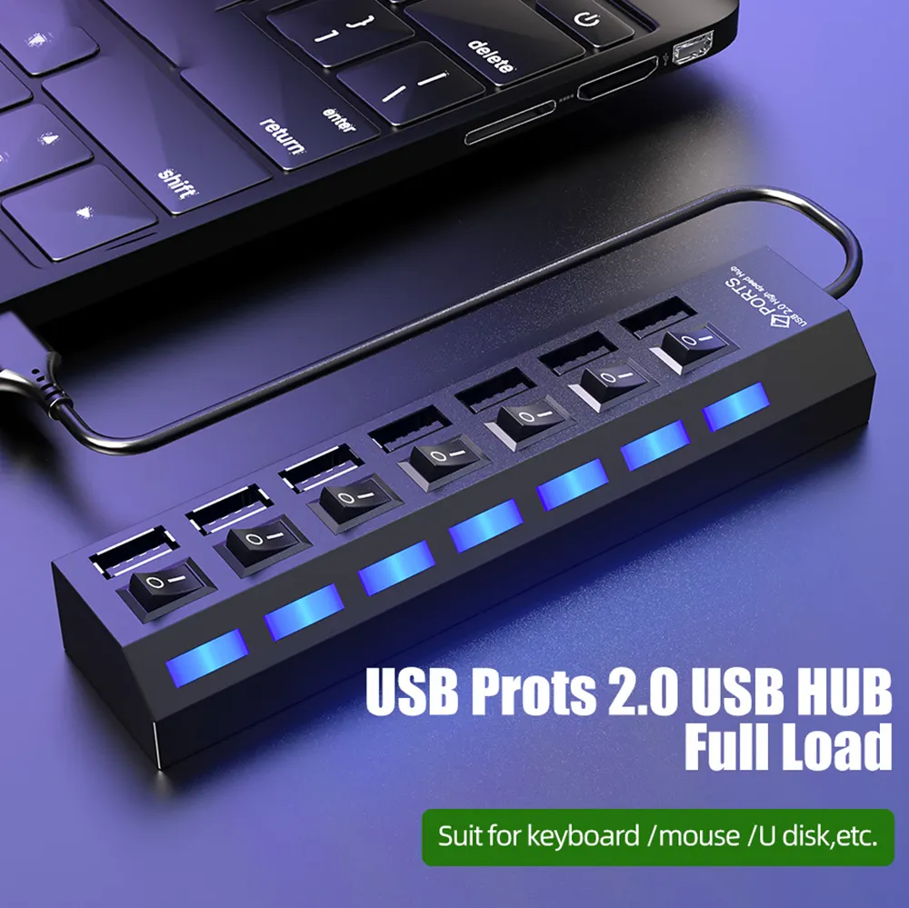 USB 허브 4/7 포트 다중 USB 분배기 ON/OFF Switchs 전원 어댑터 LED 확장기 PC 노트북 컴퓨터 액세서리