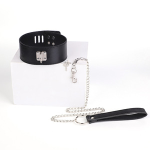 Black Leather <b>Bondage</b> <b>Collar</b> With Chain And Lead For Adult Use Forced Restraint Gear - Product Image 1