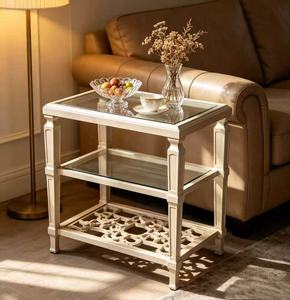 Cream <b>White</b> 3-Tier Glass Top End <b>Table</b> Living Room Accent Side <b>Table</b> with Lattice Shelf - Product Image 6