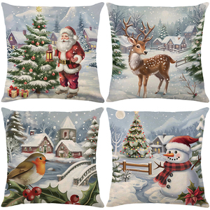 Wholesale Christmas 4Pcs Throw Pillow Covers Polyester Linen Texture Snowman Buffalo Plaid Printed Square Decor Cushion Covers - Product Image 3