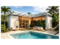 Villa Conteneur Préfabriquée de Luxe en Acier 2 Chambres 2 Salles de Bain Stuc Crème Pergola à Cadre Bleu Panneaux Verts Piscine Privée Portes Coulissantes Tropicales