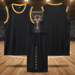 Ensemble de maillots de basket-ball noirs personnalisés en gros avec bordure dorée et shorts ornés d'étoiles, en tissu mesh respirant - Product Image 4