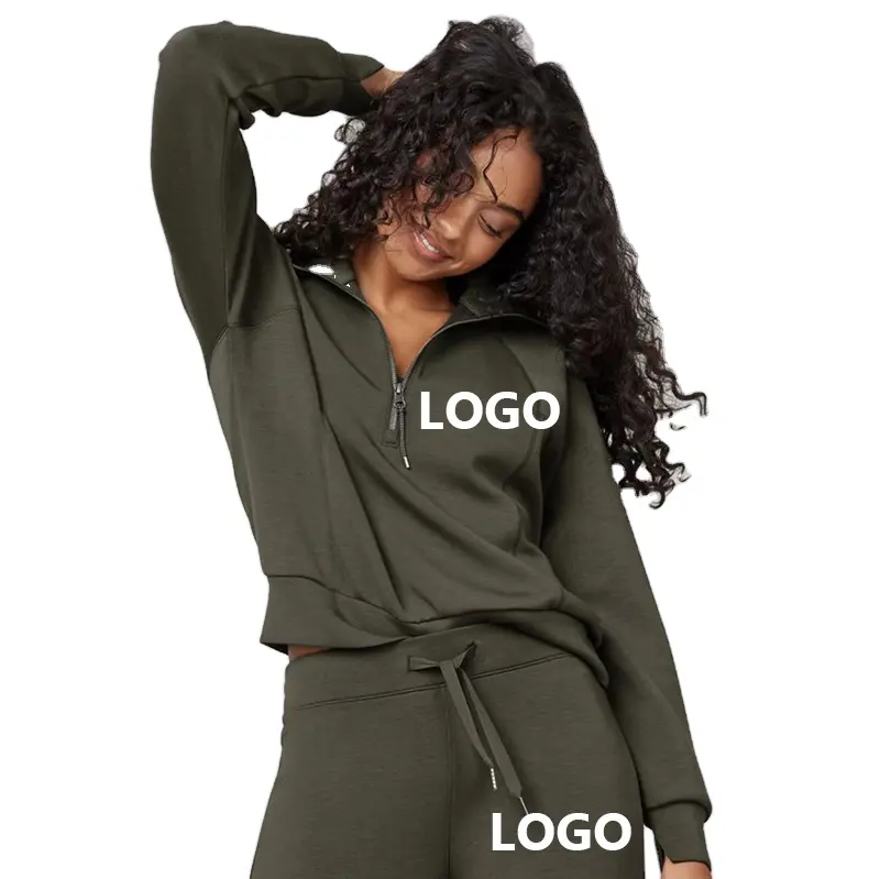 2023 Factory Customized LOGO Fashion Casual Ladies Long Sleeve Half Zipper Pullover Sweatshirt Sweatpants Set Women