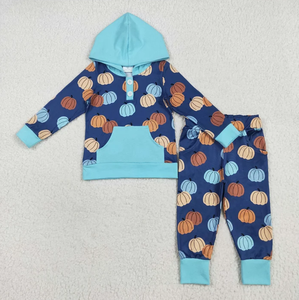 Ensemble pyjama d'automne à motif citrouille, barboteuse zippée pour bébé garçon, vêtements de détente, bleu marine, imprimé citrouille coloré - Product Image 4