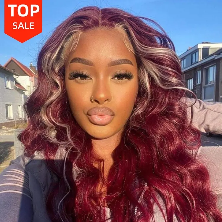 613 Hoogtepunt Roze 3d Kant Pruik Skunk Streep Super Dubbele Getrokken Donor Body Wave Haar Ombre Cherry Red Body Wave lace Front Pruik