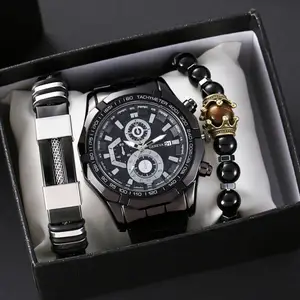 Nw1396 3 Stuks Heren Horloges Goud Zwart Staal Quartz Horloge Mannen Zakelijk Polshorloge Mannelijke Armband
