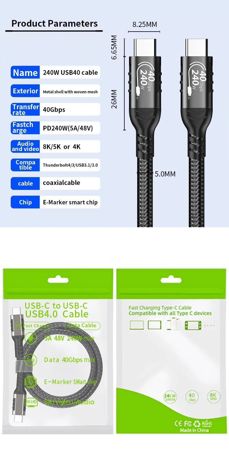 USB4 240W USB C USB 4 Gen3 Kabel 40G 48V 5A Pengisian untuk Thunderbolt 4 Tipe C Kompatibel Thunderbolt 3 untuk Mac