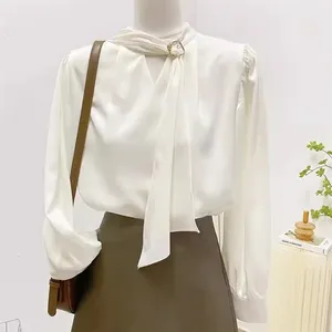 S-XL una camicia bianca di nicchia per le donne con un top haute couture ed elegante camicia A maniche lunghe con nastro